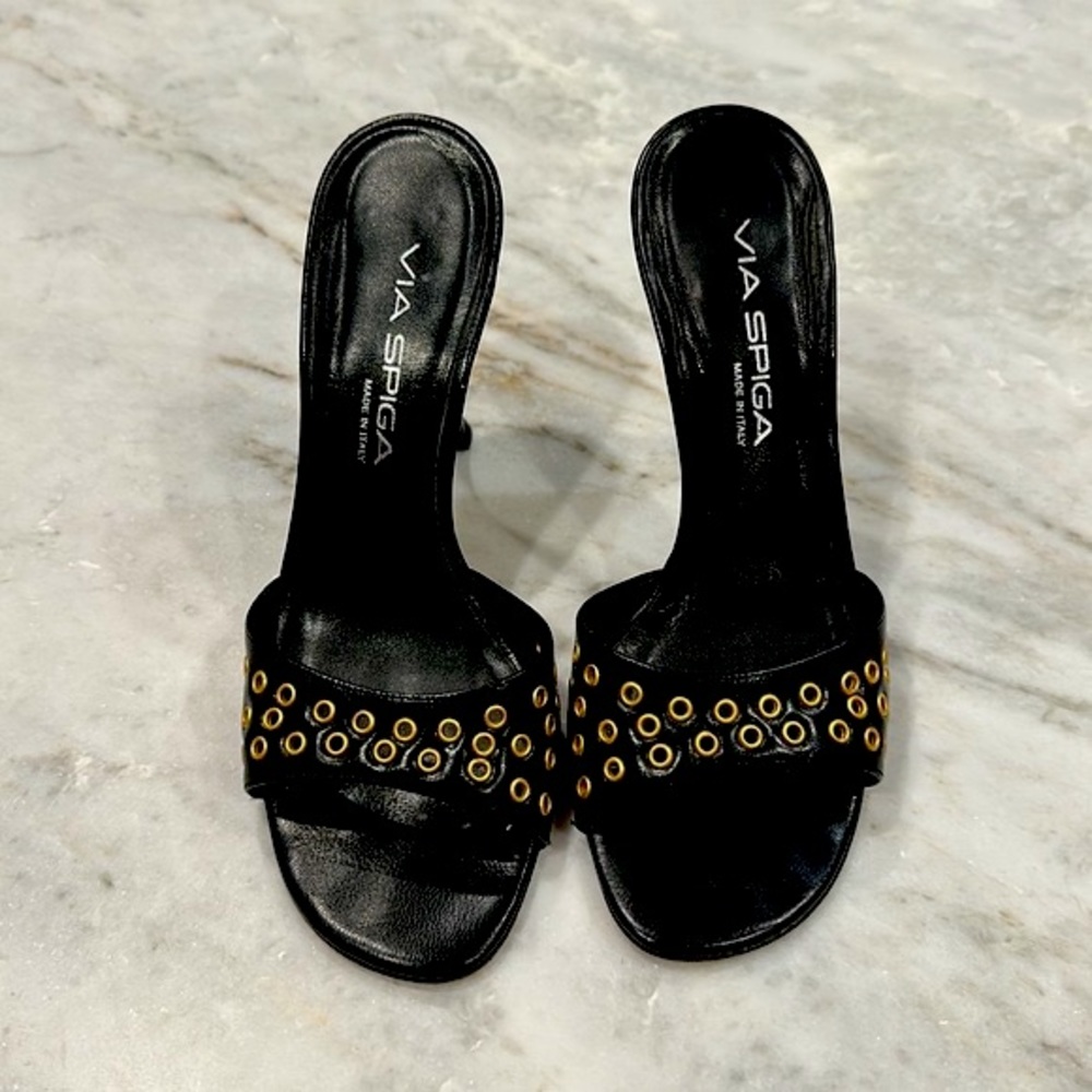 Via Spiga Black Heeled Slide Sandals with Gold Eyelets - Picture 4 of 10
